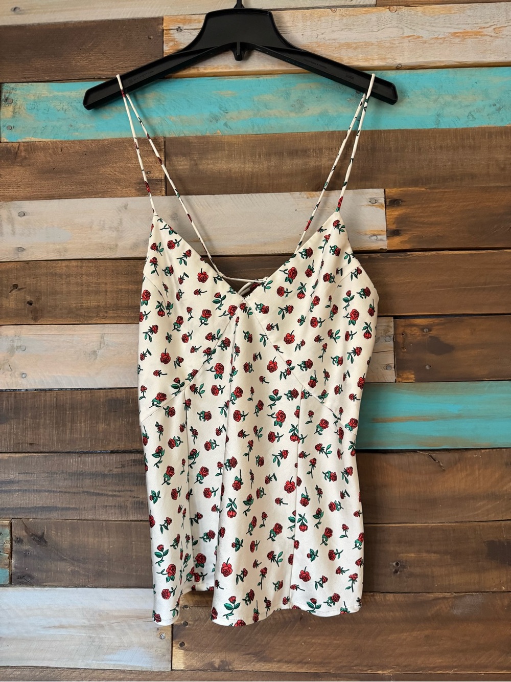 A New Day Satin Rose Print Slip Cami Dress Coquette Cottagecore Ivory Red|Size S